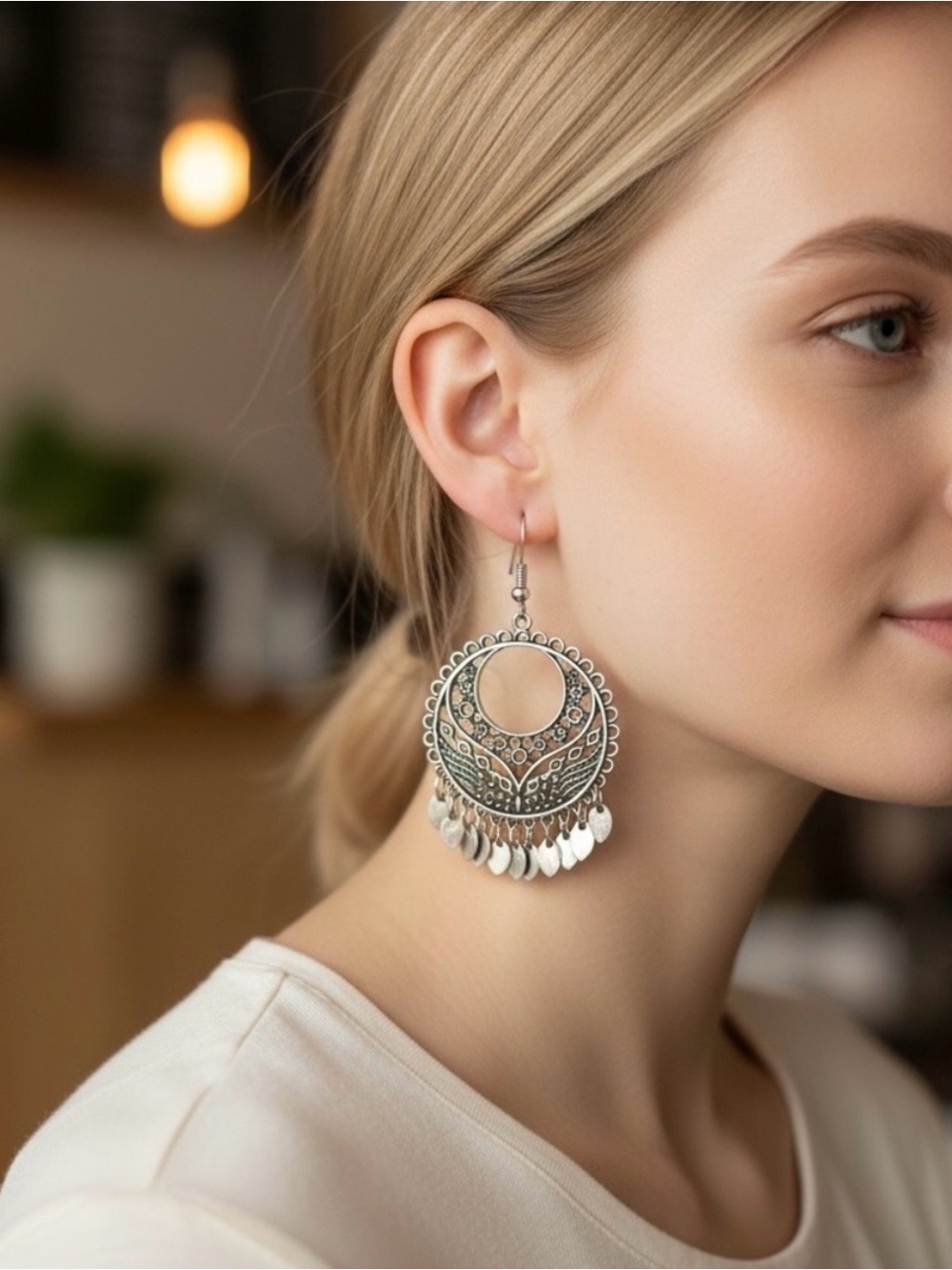 Handcrafted Silver-Tone Filigree Dangle Earrings